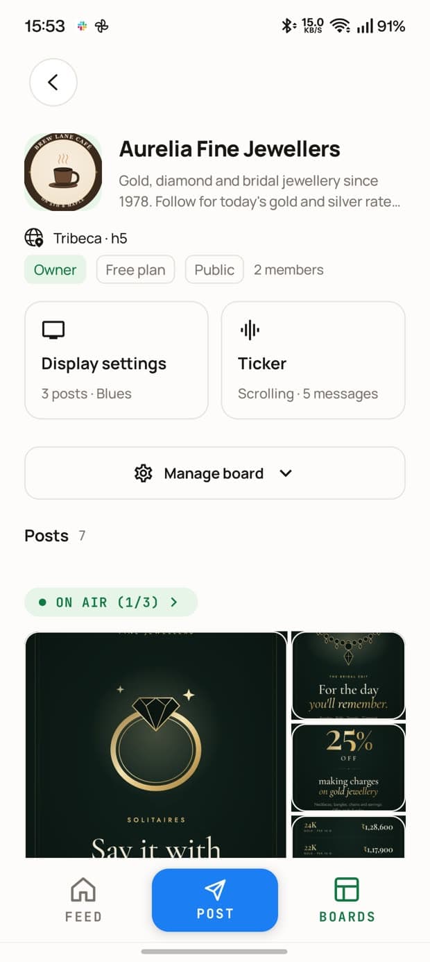 A board page showing the on-air posts, display settings and ticker tiles