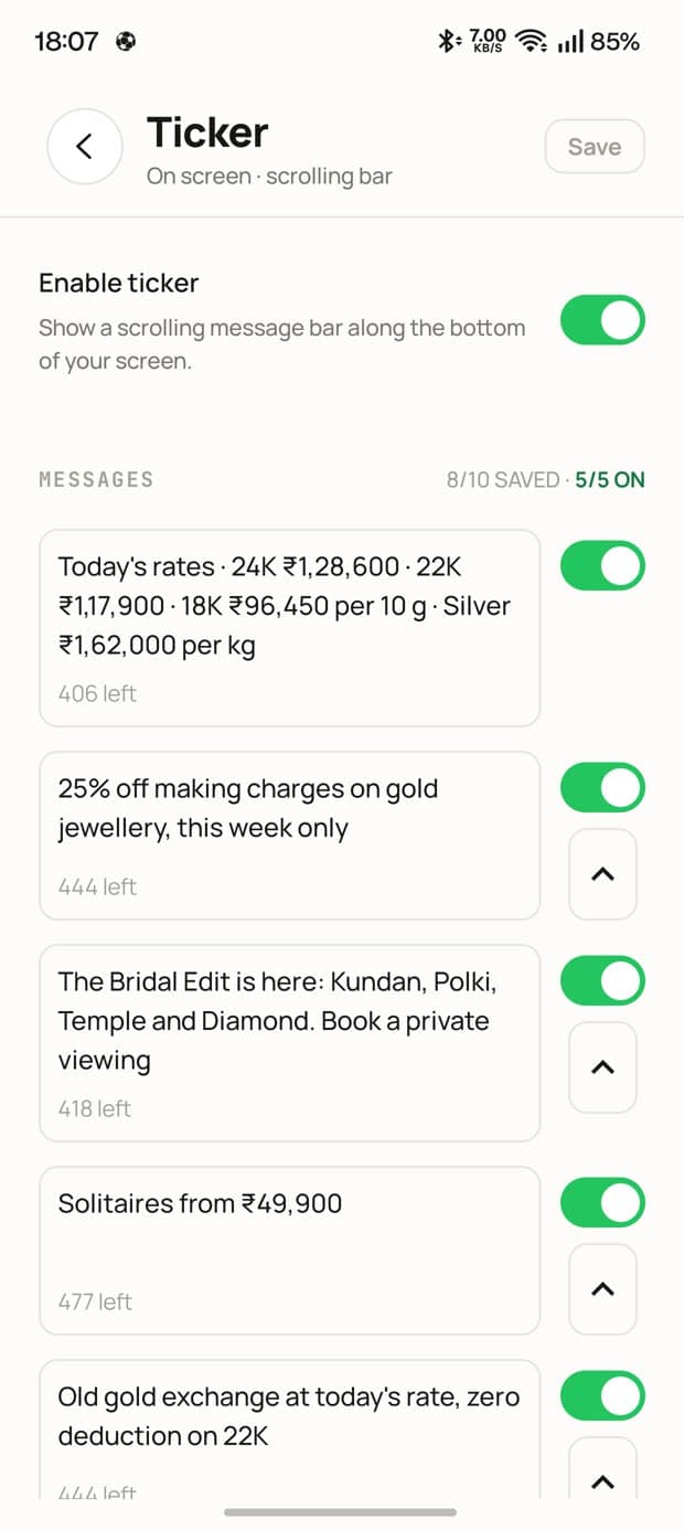 The ticker editor with a library of saved messages and on-off switches