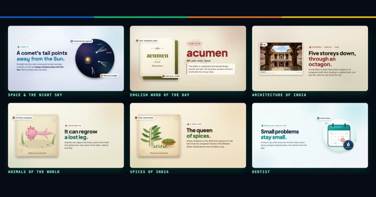 Slides from six Streams: Space & the Night Sky, English Word of the Day, Architecture of India, Animals of the World, Spices of India and Dentist