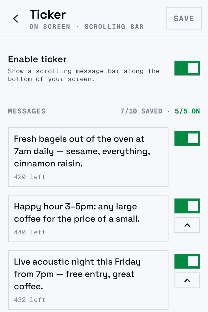 The ticker message library with individual on/off switches