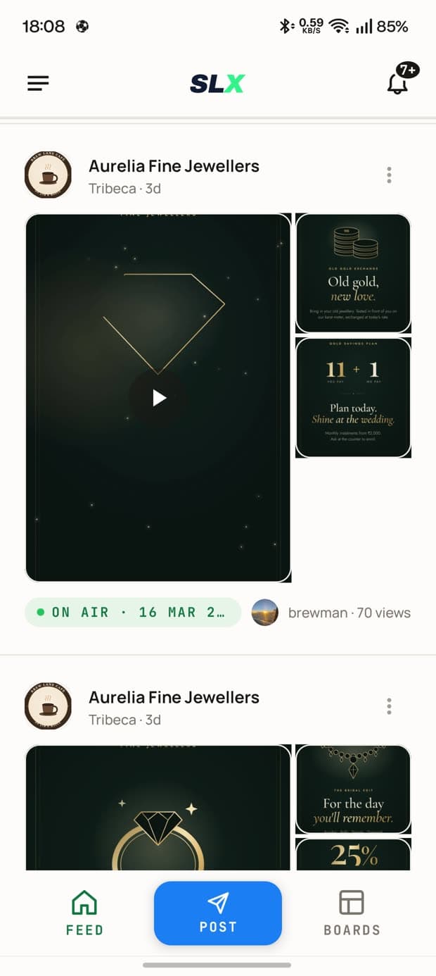 The app's feed showing posts from a board