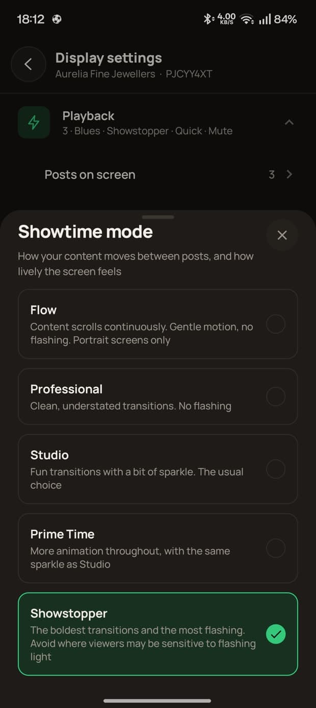 The display settings screen for a board