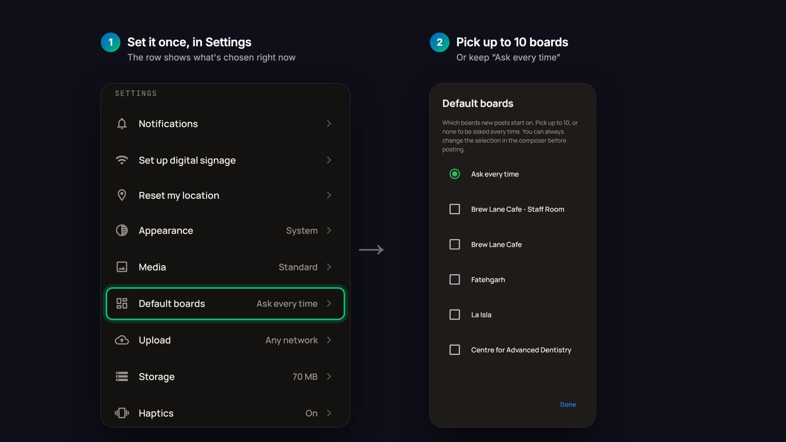 Settings with the Default boards row highlighted, and the board picker