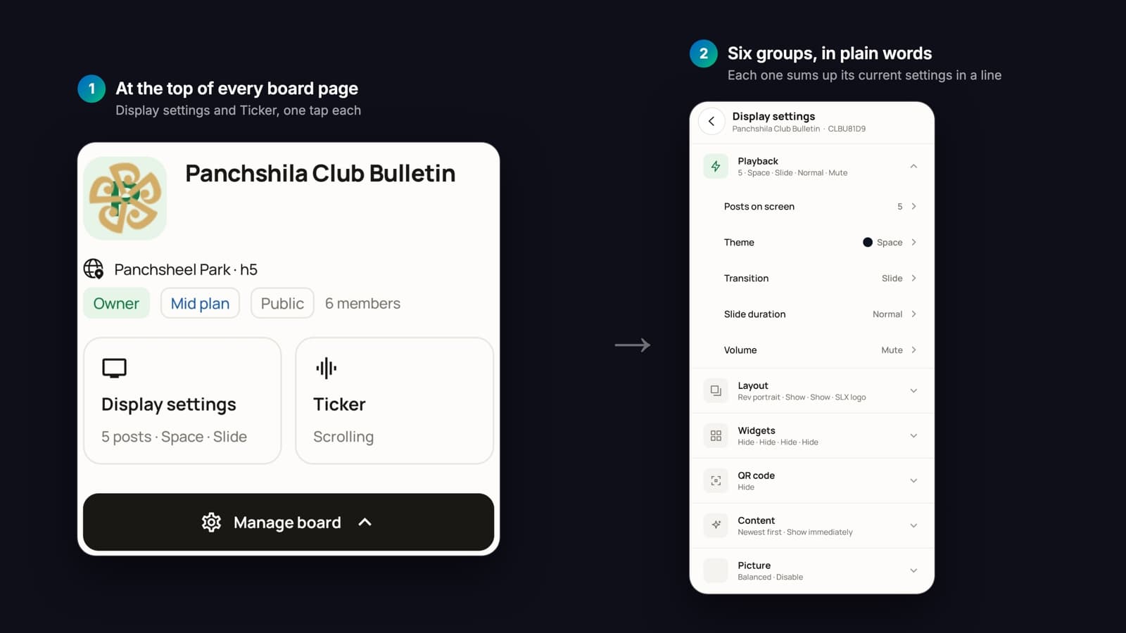 A board page with Display settings and Ticker at the top, and display settings in six groups