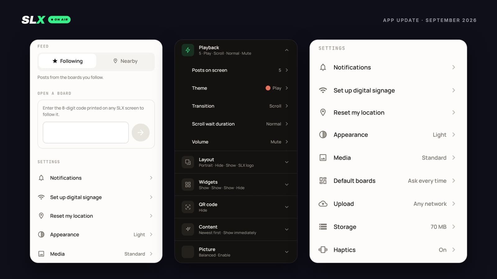 The redesigned SLX On Air app, in light and dark