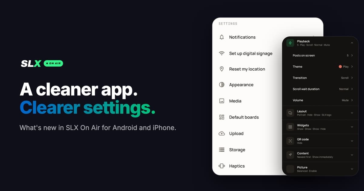 The redesigned SLX On Air app, in light and dark