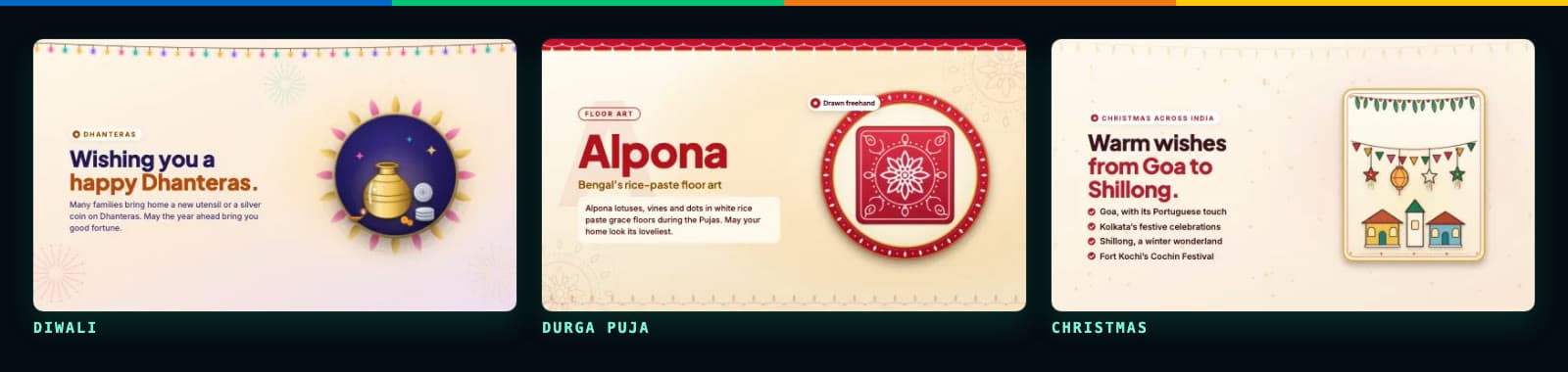 Festival Streams, each in its own design: Diwali, Durga Puja and Christmas.