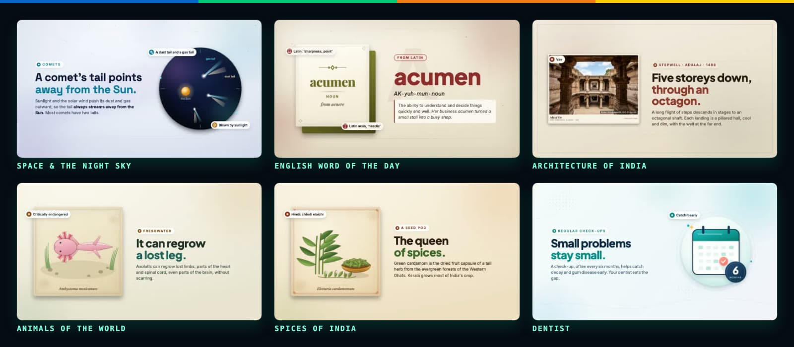 Slides from six Streams: Space & the Night Sky, English Word of the Day, Architecture of India, Animals of the World, Spices of India and Dentist.