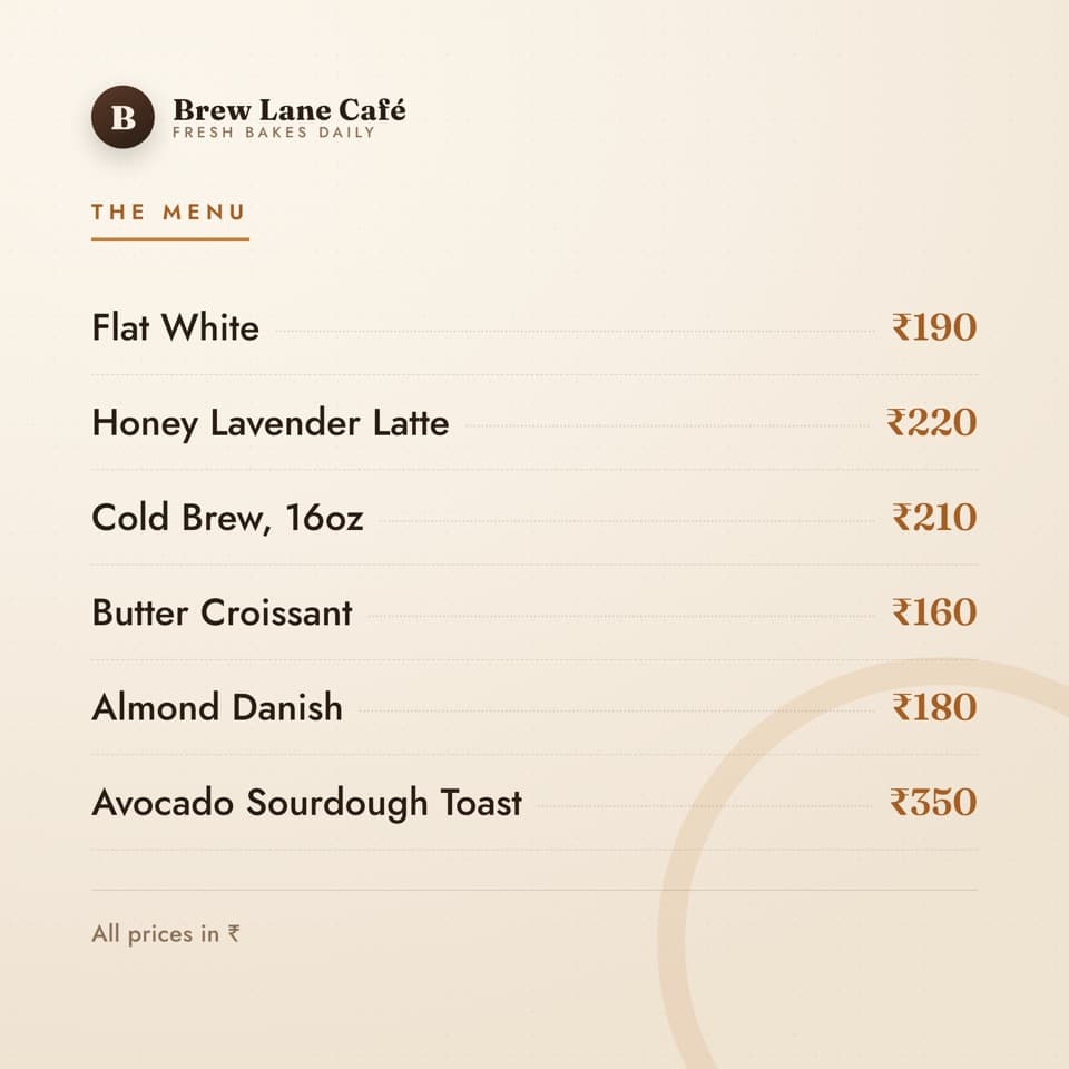 Café menu with prices in rupees on a digital menu board