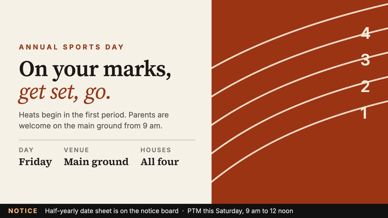 Annual Sports Day notice on a school screen, with a ticker